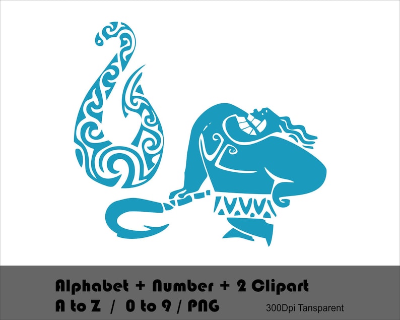 May include: A blue silhouette of a Polynesian man with a hook, both with intricate tribal designs. The man is wearing a skirt and has a large, expressive face.