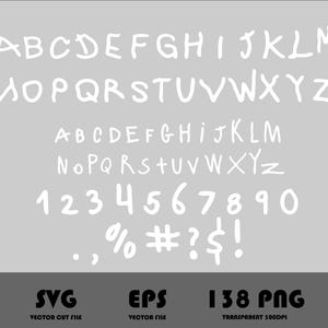 K&ouml;nnte beinhalten: Wei&szlig;er handgeschriebener Alphabet, Zahlen und Symbole auf grauem Hintergrund. Die Buchstaben sind in Gro&szlig;- und Kleinschreibung. Die Zahlen sind 1 bis 9 und 0. Die Symbole sind ein Punkt, ein Komma, ein Prozentzeichen, ein Nummernschild, ein Fragezeichen, ein Dollarzeichen und ein Ausrufezeichen.