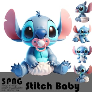 May include: A blue baby Stitch figure with large ears, a pacifier, and a diaper. The image includes several other Stitch figures in different poses. The text "Stitch Baby" is at the bottom of the image.