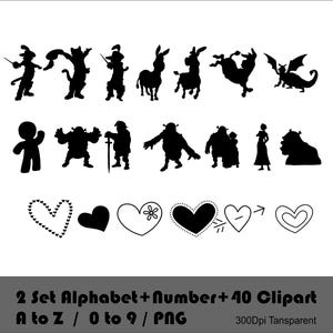 Pu&ograve; includere: Un set di immagini clipart in silhouette in bianco e nero, che include lettere, numeri e vari personaggi. I personaggi includono un drago, un uomo di pan di zenzero, un gatto, un asino, un orco e un cuore con un fiore.