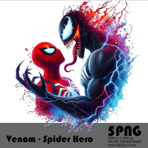 May include: Venom and Spider-Man face off in a dynamic pose, surrounded by colourful energy bursts. The image is set against a white background.