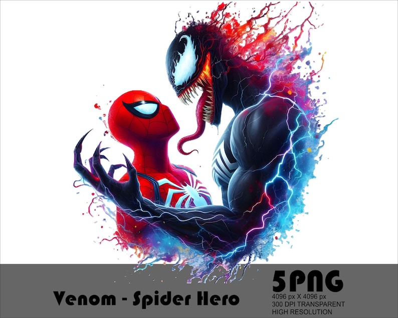 May include: Venom and Spider-Man face off in a dynamic pose, surrounded by colourful energy bursts. The image is set against a white background.