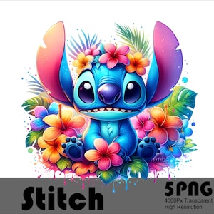 5PNG Stitch Flowers Splash and Watercolor Digital Design PNG File for Sublimation High Resolution Tshirt and Sublimation File Png Download