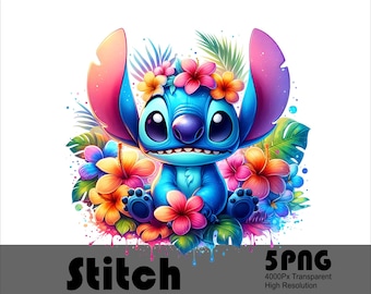 5PNG Stitch Flowers Splash and Watercolor Digital Design PNG File for Sublimation High Resolution Tshirt and Sublimation File Png Download