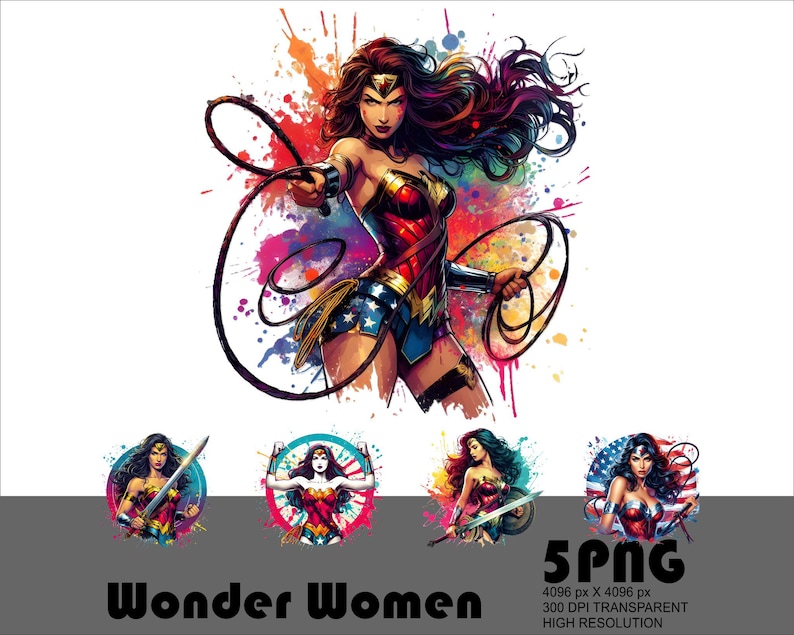 May include: A vibrant illustration of Wonder Woman in her iconic costume, holding a lasso. The artwork features a dynamic pose with colorful paint splatter effects. Below, four smaller circular images of Wonder Woman are displayed. The text "Wonder Women" is at the bottom.