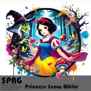 Op de afbeelding: Een kleurrijke illustratie van Sneeuwwitje, een prinses met lang zwart haar en een rood-gele jurk, die een rode appel vasthoudt. Ze staat in een bos met een groene heks achter haar. De afbeelding is omringd door kleurrijke verfspatten.