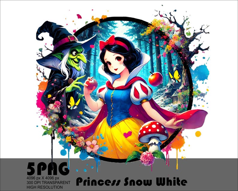 Op de afbeelding: Een kleurrijke illustratie van Sneeuwwitje, een prinses met lang zwart haar en een rood-gele jurk, die een rode appel vasthoudt. Ze staat in een bos met een groene heks achter haar. De afbeelding is omringd door kleurrijke verfspatten.