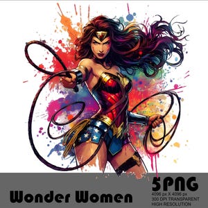 May include: A vibrant illustration of Wonder Woman, depicted with a dynamic pose and holding a lasso. She is wearing her iconic red, blue, and gold costume, set against a colorful, abstract background. The image includes the text "Wonder Women".