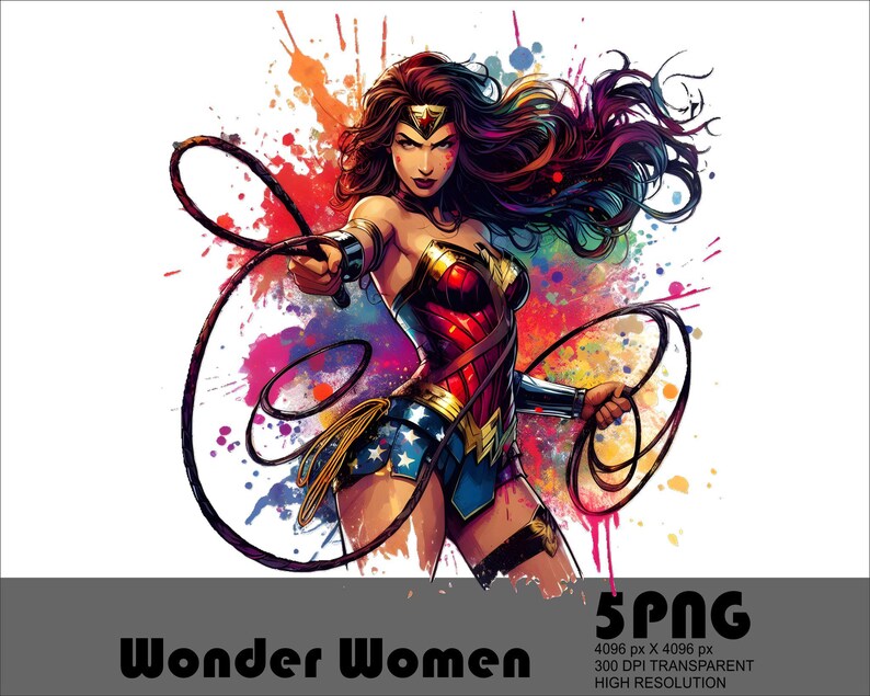 May include: A vibrant illustration of Wonder Woman, depicted with a dynamic pose and holding a lasso. She is wearing her iconic red, blue, and gold costume, set against a colorful, abstract background. The image includes the text "Wonder Women".
