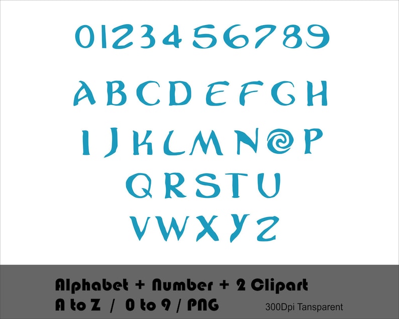 May include: A set of blue stylized alphabet letters and numbers, including a swirl design for the letter "N". The text "Alphabet + Number + 2 Clipart" is below the letters and numbers. The text "A to Z / 0 to 9 / PNG" is below the first line of text. The text "300Dpi Tansparent" is below the second line of text.