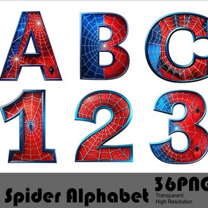 Superheld Alphabet und Zahlen PNG-Datei Spinne Held Zeichen Alphabet Buchstaben Design Schrift Sublimation PNG Design Download Digitale Datei