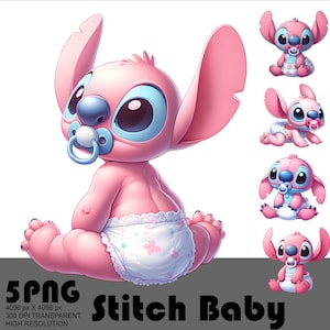 May include: Pink baby Stitch character with large ears, blue eyes, and a pacifier. The character is wearing a diaper with a floral pattern. The image includes multiple poses of the character and the text "Stitch Baby".
