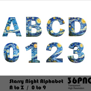 Alfabeto y letras estilo Gogh Fuente PNG para sublimación La noche estrellada Fuente diseñada PNG Alfabeto Doodle Fuente PNG Archivo Estrellas en la noche