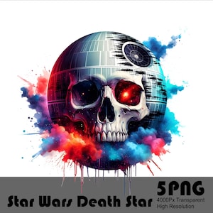 5 PNG StarWars Death Star Skull Splash Aquarelle Png Fichier Transparent pour sublimation Space Wars Design Png haute résolution Télécharger le fichier