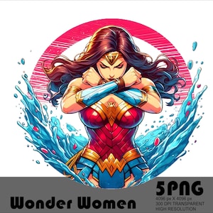 May include: Wonder Woman, a superhero, stands in a powerful pose with her arms crossed. She is wearing her iconic red, blue, and gold costume. Water splashes around her, creating a dynamic scene. The background features a red and white circle.