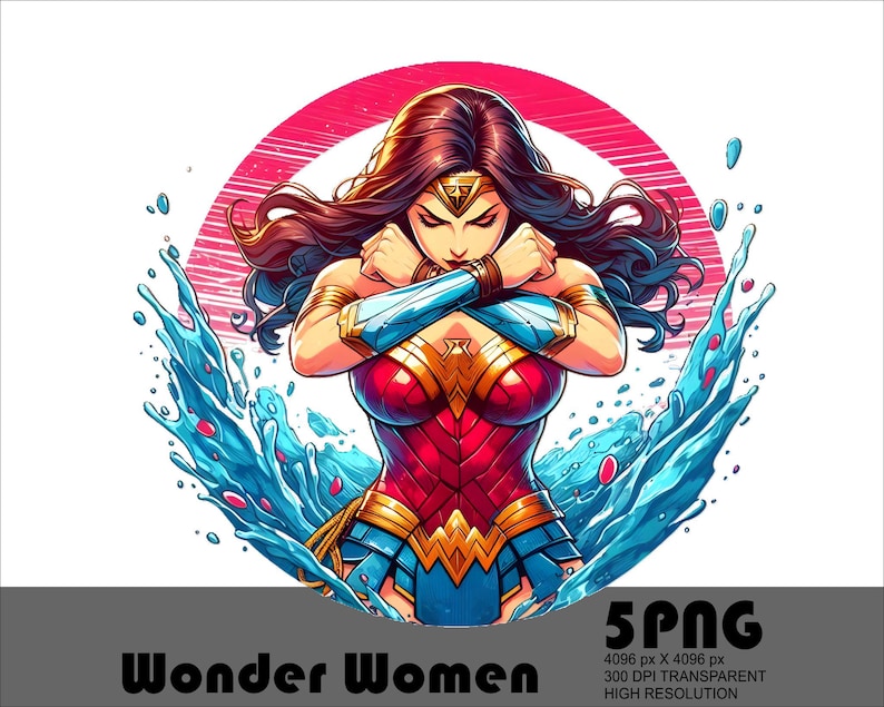 May include: Wonder Woman, a superhero, stands in a powerful pose with her arms crossed. She is wearing her iconic red, blue, and gold costume. Water splashes around her, creating a dynamic scene. The background features a red and white circle.