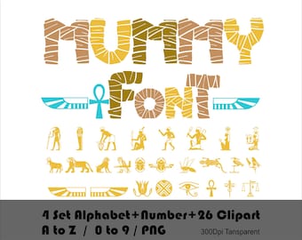 May include: Mummy Font is a set of alphabet and number clipart in a yellow and brown mummy-style design. The clipart includes 26 letters, 10 numbers, and 26 Egyptian-themed illustrations.