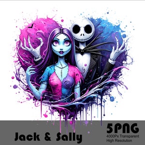 5 PNG Jack Skellington & Sally Png Halloween Pumpkin King Png Design High Resolution Tshirt Sublimation Png File Splash Transparent Download