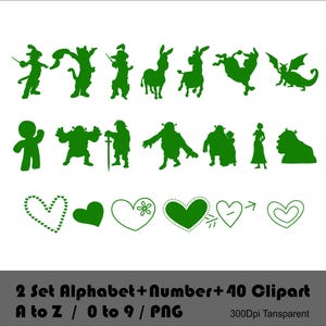 Pu&ograve; includere: Set di clipart di silhouette verdi con personaggi del franchise di film di Shrek. Il set include lettere, numeri e altre immagini come cuori, un drago e un asino. Il testo sull'immagine dice "2 Set Alphabet+Number+40 Clipart A to Z / 0 to 9 / PNG 300Dpi Tansparent".