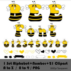 Abeille police Png Abeille abeille mignonne Doodle Png police anniversaire enfants police jaune Abeille Clipart Png Lettres de l'alphabet chiffres Doodle Png