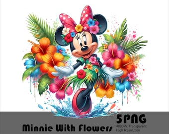 Minnie in Flowers 5 PNG Design, Fancy Girl Mouse High Resolution Tshirt and Sublimation File Splash Watercolor Transparent Png Download File