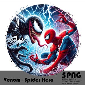 May include: A digital illustration of Venom and Spider-Man facing each other. Venom is black with a white spider symbol on his chest and a large, open mouth with sharp teeth. Spider-Man is wearing his red and blue suit with a black spider symbol on his chest. The background is a swirling blue and purple pattern.