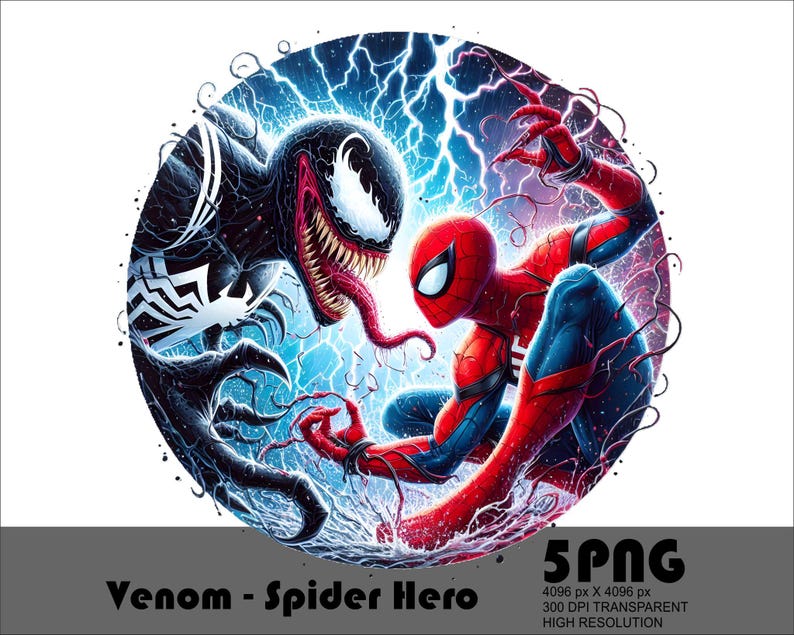 May include: A digital illustration of Venom and Spider-Man facing each other. Venom is black with a white spider symbol on his chest and a large, open mouth with sharp teeth. Spider-Man is wearing his red and blue suit with a black spider symbol on his chest. The background is a swirling blue and purple pattern.