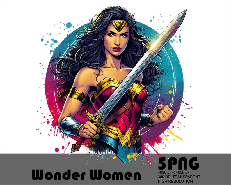 May include: Illustration of Wonder Woman holding a sword, set against a colorful splatter background. She wears a gold tiara, armbands, and a red and gold bodice. The image includes the text "Wonder Women" at the bottom.
