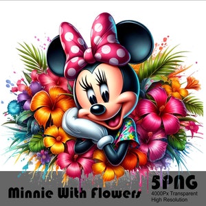 5 PNG Minnie in Flowers PNG Design, Girl Mouse High Resolution Tshirt and Sublimation File Splash Watercolor Transparent PNG Download File