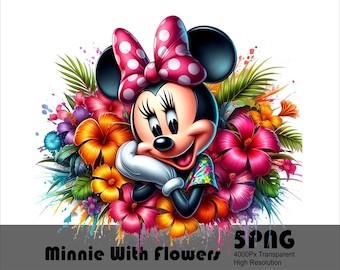5 PNG Minnie in Flowers PNG Design, Girl Mouse High Resolution Tshirt and Sublimation File Splash Watercolor Transparent PNG Download File