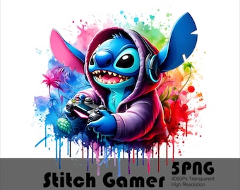 5 PNG Stitch Gamer Splash Watercolor Digital Design PNG File for Sublimation High Resolution Tshirt and Sublimation File Png Download