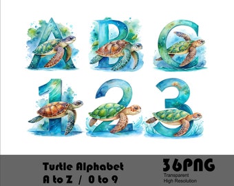 Watercolor Turtle Alphabet PNG, Ocean Font (Digital Download)