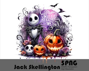 Pakiet Halloween Jacka Skellingtona w formacie PNG – wzory sublimacji akwarelowej (do pobrania cyfrowego)