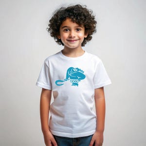 May include: A white t-shirt featuring a blue graphic of a cartoon character holding a hook. The character is wearing a skirt and has long hair.