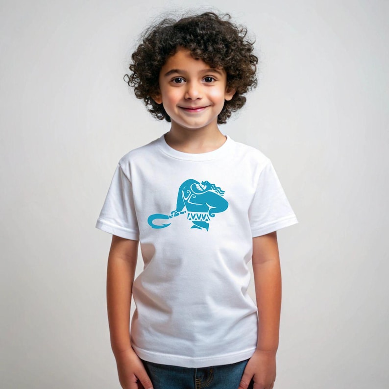May include: A white t-shirt featuring a blue graphic of a cartoon character holding a hook. The character is wearing a skirt and has long hair.
