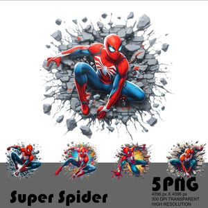 Peut inclure: Un super-héros rouge et bleu, Spider-Man, traverse un mur fissuré. Il est dans une pose dynamique, les bras et les jambes tendus. L'arrière-plan est un mur blanc avec une texture de béton fissuré et gris.