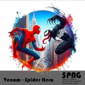 May include: A digital illustration of Spider-Man and Venom facing each other in a city setting. Spider-Man is red and blue, while Venom is black with a white symbol on his chest. The background is a colourful abstract design.