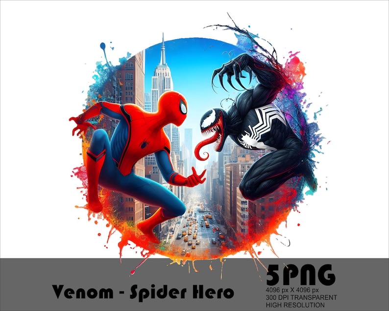 May include: A digital illustration of Spider-Man and Venom facing each other in a city setting. Spider-Man is red and blue, while Venom is black with a white symbol on his chest. The background is a colourful abstract design.
