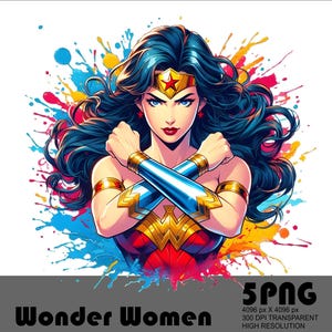 May include: Wonder Woman with her arms crossed, wearing her iconic red, blue, and gold costume. She is surrounded by colorful paint splatters on a white background. The text "Wonder Women" and "5PNG" are at the bottom of the image.