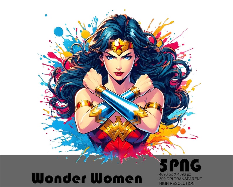 May include: Wonder Woman with her arms crossed, wearing her iconic red, blue, and gold costume. She is surrounded by colorful paint splatters on a white background. The text "Wonder Women" and "5PNG" are at the bottom of the image.