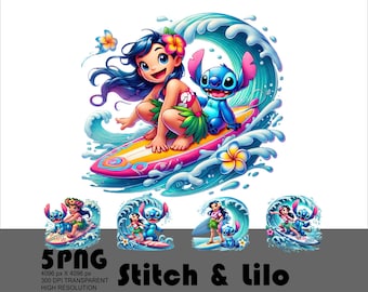 Stitch and Lilo Png Surf Png Stitch and Lilo Clipart Png Cute Lilo and Stitch Surfing Png File High Resolution Tshirt and Sublimation 5 PNG
