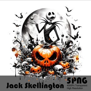 Op de afbeelding: Zwart-witte illustratie van Jack Skellington, de Pumpkin King uit The Nightmare Before Christmas, die op een grote oranje pompoen staat met kleinere pompoenen en schedels eromheen. De achtergrond is een zwart-witte maan met een spookachtig bos.