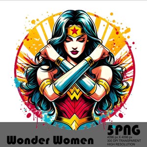 May include: A colorful illustration of Wonder Woman with her arms crossed in front of her. She is wearing her signature red, blue, and gold costume. The background is a yellow and red splatter pattern.