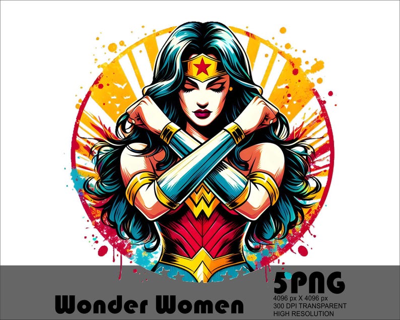 May include: A colorful illustration of Wonder Woman with her arms crossed in front of her. She is wearing her signature red, blue, and gold costume. The background is a yellow and red splatter pattern.