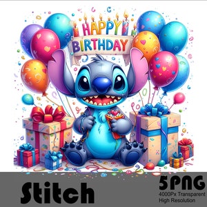 5PNG Stitch Happy Birthday PNG Design Hochauflösende T-Shirt und Sublimationsdatei Png Stitch