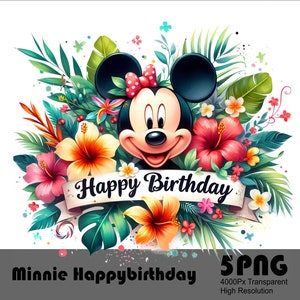 5 PNG Minnie joyeux anniversaire PNG Design Tshirt haute résolution et fichier de sublimation aquarelle et éclaboussures de souris fichier à télécharger PNG transparent