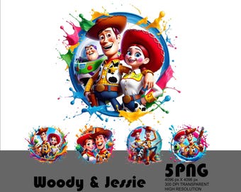 5PNG Toy Story Sheriff Woody Png Cowgirl Jessie Png Toystory Characters Clipart Png Watercolor Transparent Png File for Sublimation 300 Dpi
