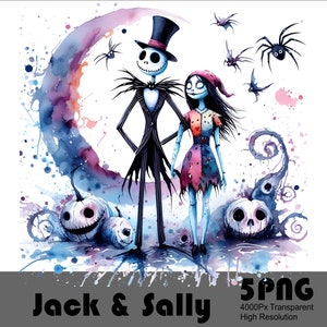 Może przedstawiać: Akwarela przedstawiająca Jacka Skellingtona i Sally z filmu Koszmar przed świętami. Stoją przed rosnącym księżycem na tle akwareli w kolorze fioletowym i niebieskim. Wok&oacute;ł nich znajdują się dynie i nietoperze.