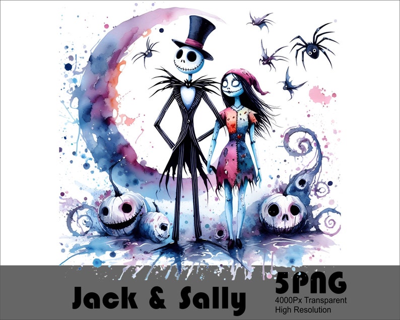Może przedstawiać: Akwarela przedstawiająca Jacka Skellingtona i Sally z filmu Koszmar przed świętami. Stoją przed rosnącym księżycem na tle akwareli w kolorze fioletowym i niebieskim. Wok&oacute;ł nich znajdują się dynie i nietoperze.