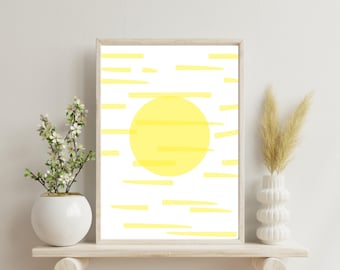 Arte de parede abstrata minimalista com sol amarelo | Impressão moderna de sol | Decoração de casa brilhante